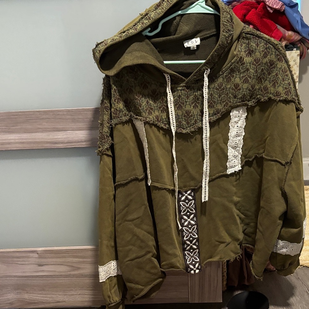 POL Olive Green Hooded Jacket with Lace Accents